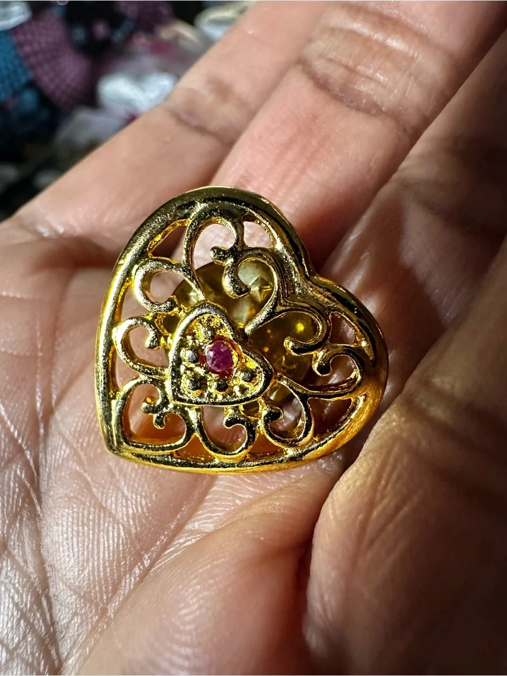 Heart Filigree Pin Brooch - Gold with Pink Center -